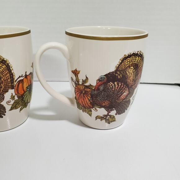 Pottery Barn Heritage Turkey Mugs Set of 2 Thanksgiving Coffee Stoneware Harvest - Picture 15 of 15